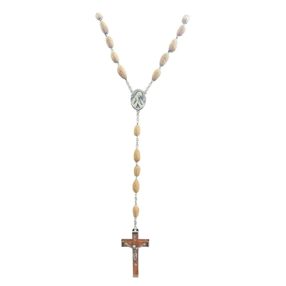 Vintage Italian Olive Wood Rosary Crucifix & Centerpiece Virgin Mary With Claspe